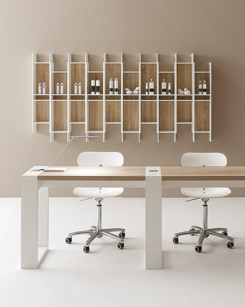 Slim - Présentoir de vente blanc avec détails motif chêne